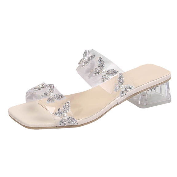 Mostsola Women's Slip on Heeled Sandals Square Toe Low Clear Heel Slides Glitter Strappy Heels