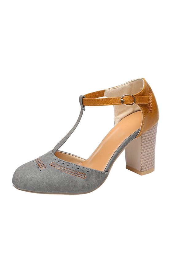 Women's Stacked Heel Dress Shoes Cutout T-Strap Closed Toe Sandals Casual Retro Pumps