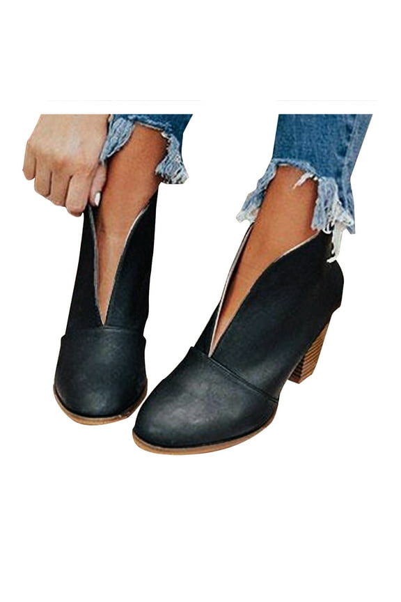 Women's V Cut Ankle Boots Low Stacked Heel Pointed Toe Fashion Leather Short Booties
