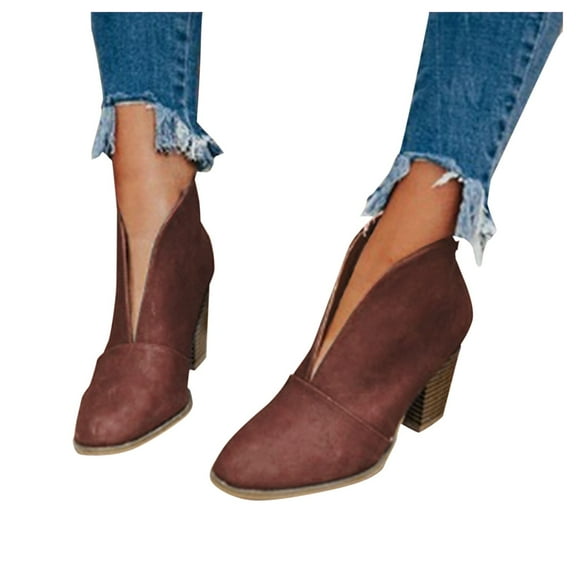 Mostsola Women's V Cut Ankle Boots Low Stacked Heel Pointed Toe Fashion Leather Short Booties