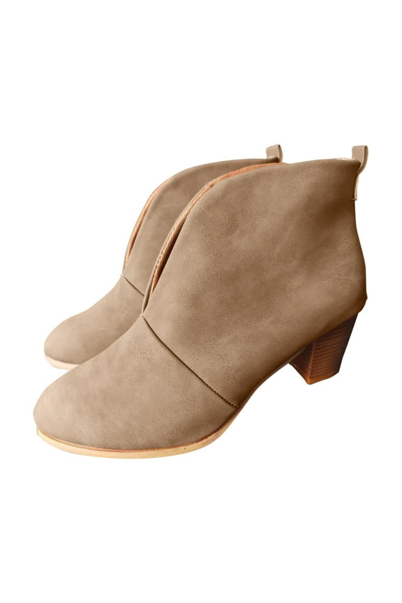 Women's V Cut Ankle Boots Low Stacked Heel Pointed Toe Fashion Leather Short Booties