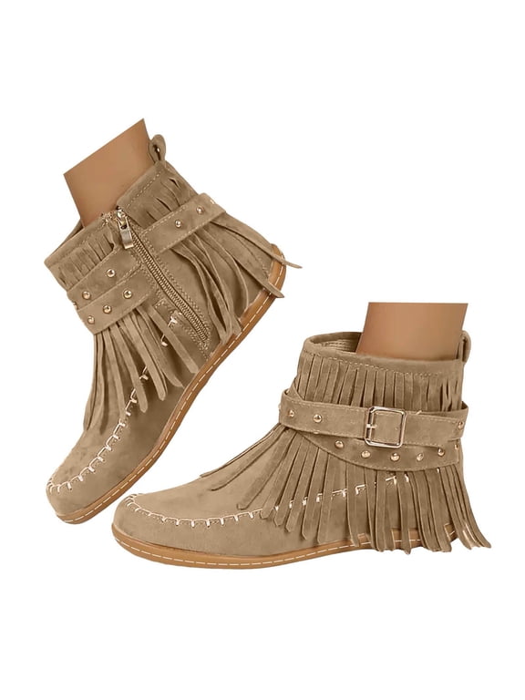 Womens Ankle Boots Zip up Fashion Tassel Ankle Strap Short Booties Round Toe Casual Flats