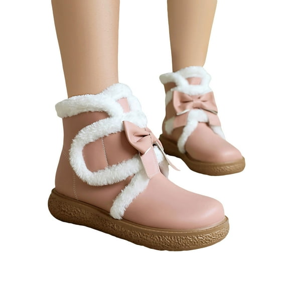 Mostsola Womens Boots Cute Bow Round Toe Furry Lined Flat Booties Platform Lolita Dress Short Boots