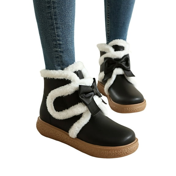 Mostsola Womens Boots Cute Bow Round Toe Furry Lined Flat Booties Platform Lolita Dress Short Boots