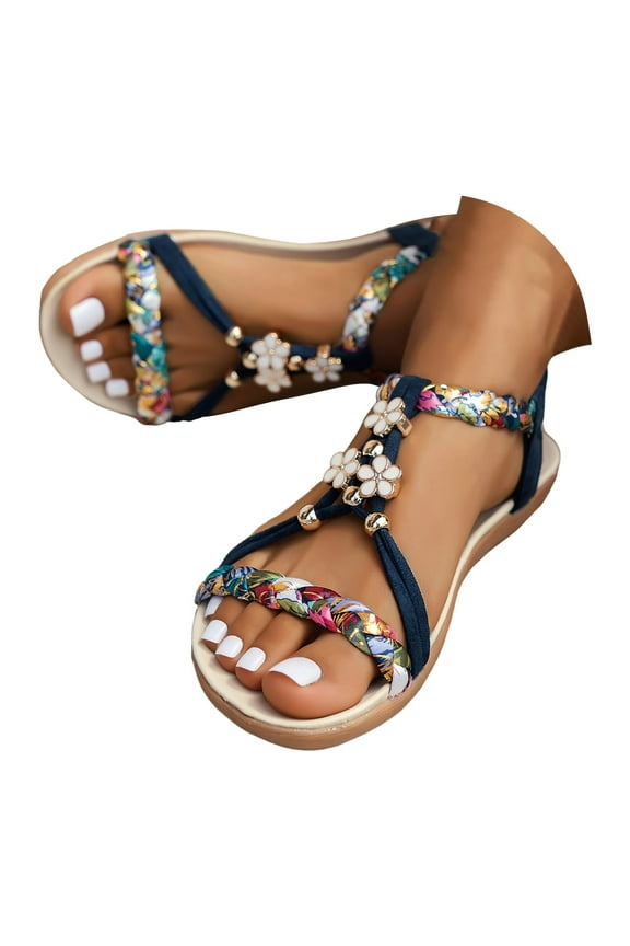Womens Braided Flat Sandals Comfortable Cute Boho Beaded Slingback Summer Dressy Shoes