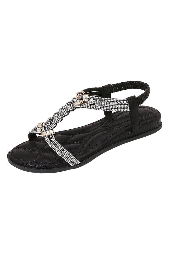 Womens Braided Rhinestone T-Strap Flat Sandals Summer Dressy Gladiator Sandals Beach Shoes