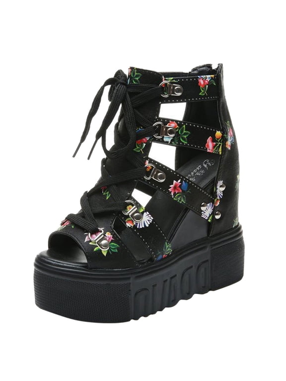 Womens Caged Gothic Platform Sandals High Wedge Heels Strappy Roman Gladiator Sandals