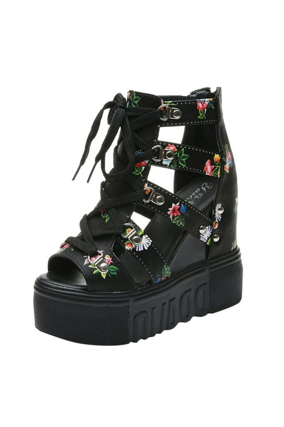 Womens Caged Gothic Platform Sandals High Wedge Heels Strappy Roman Gladiator Sandals