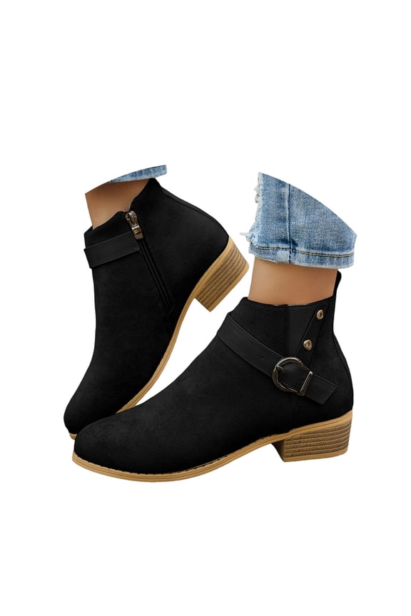 Womens Chelsea Boots Fashion Buckle Strap Low Stacked Heel Ankle Boots Zip up Booties