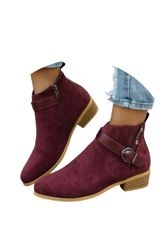 Womens Chelsea Boots Fashion Buckle Strap Low Stacked Heel Ankle Boots Zip up Booties