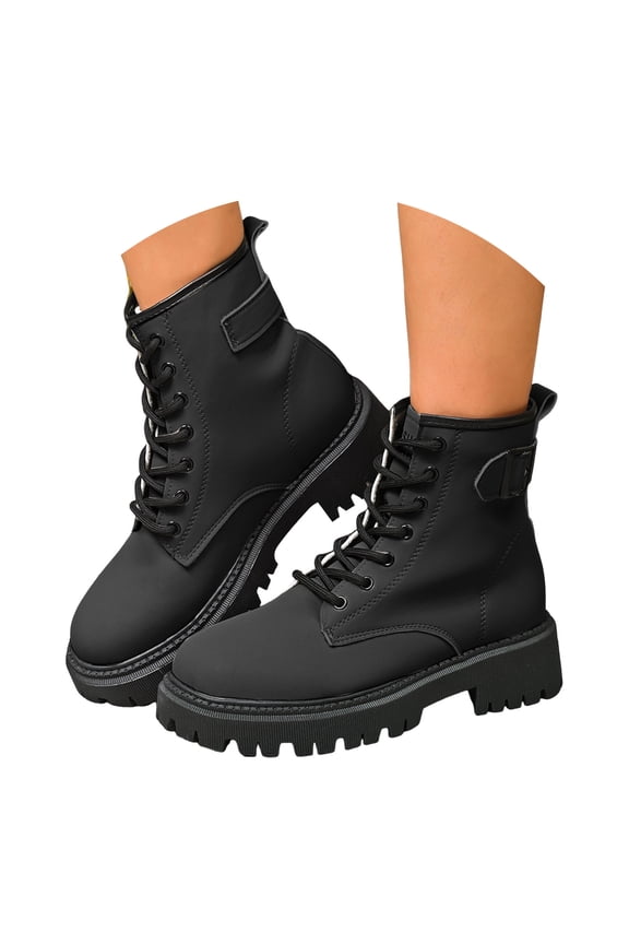 Womens Combat Boots Lace up Low Heel Lug Sole Ankle Booties Mid Calf Boots