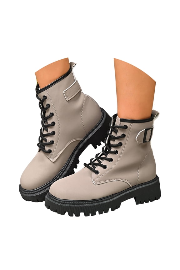 Womens Combat Boots Lace up Low Heel Lug Sole Ankle Booties Mid Calf Boots