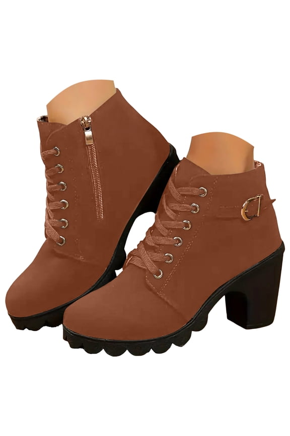 Womens Combat Boots Lug Sole Heel Ankle Boots Lace up Zipper Round Toe Short Boots