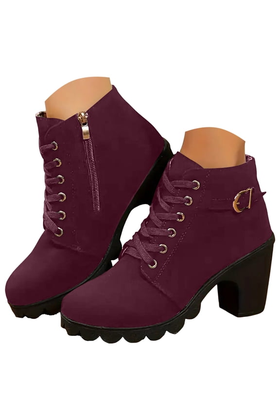 Womens Combat Boots Lug Sole Heel Ankle Boots Lace up Zipper Round Toe Short Boots