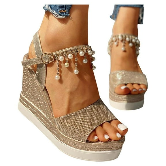 Mostsola Womens Espadrilles Platform Wedge Sandals Peep Toe Pearl Tassel Ankle Strap Fashion Sandals
