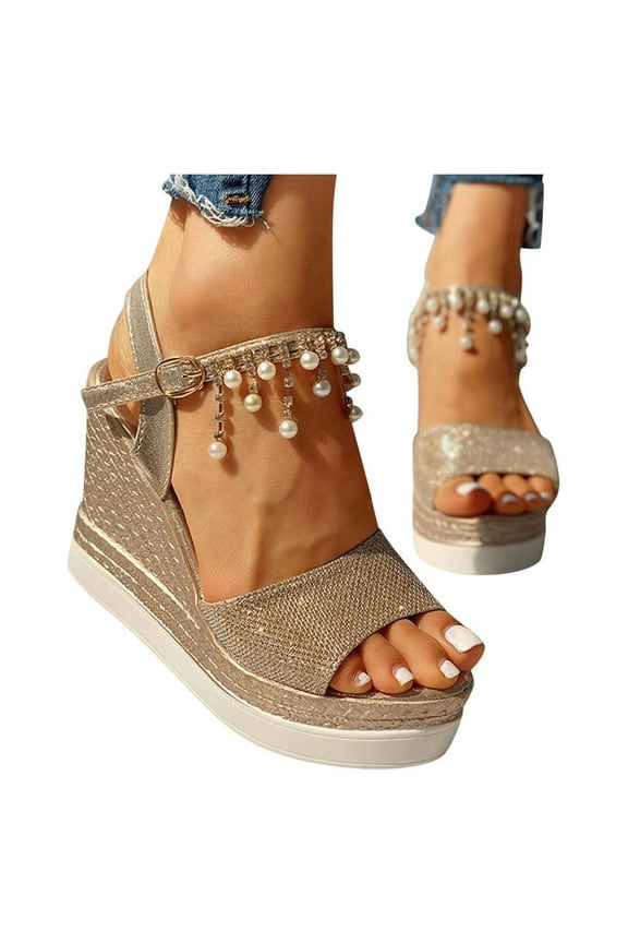 Womens Espadrilles Platform Wedge Sandals Peep Toe Pearl Tassel Ankle Strap Fashion Sandals