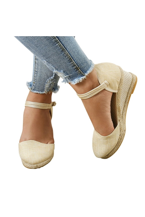 Womens Espadrilles Wedge Sandals Closed Toe Ankle Buckle Strap Heels Summer Beach Shoes