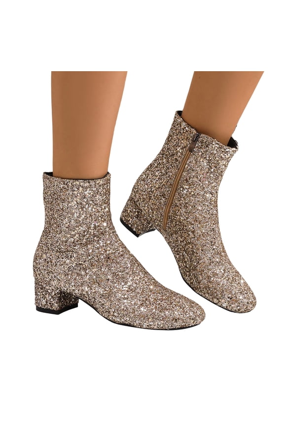 Womens Fall Boots Sparkly Sequin Block Heel Ankle Boots Zip up Square Toe Dressy Booties