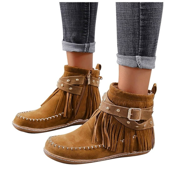 Mostsola Womens Flat Boots Tassel Strap Ankle Boots Wide Width Round Toe Suede Western Booties