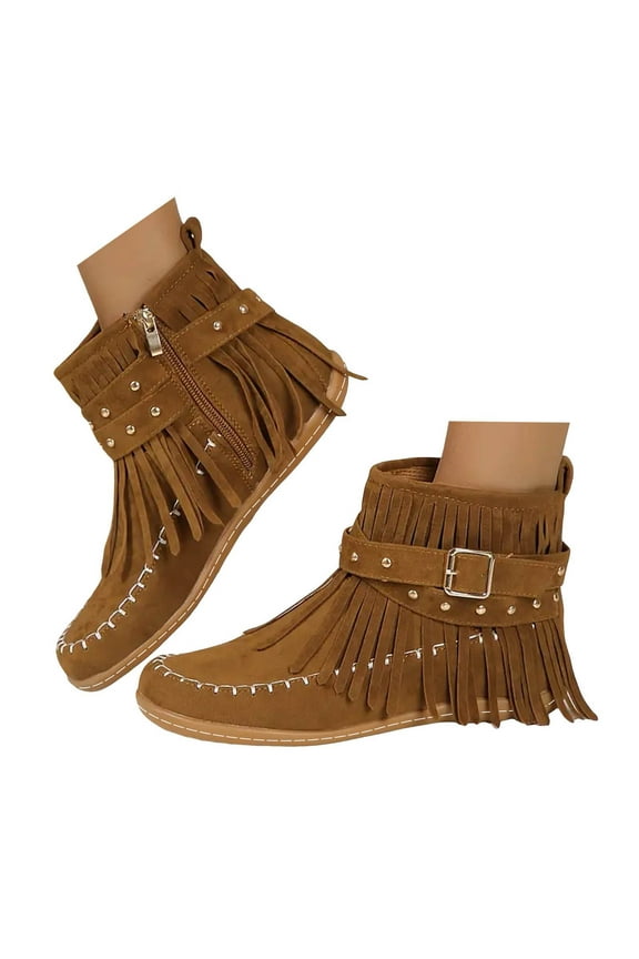Womens Flat Boots Tassel Strap Ankle Boots Wide Width Round Toe Suede Western Booties