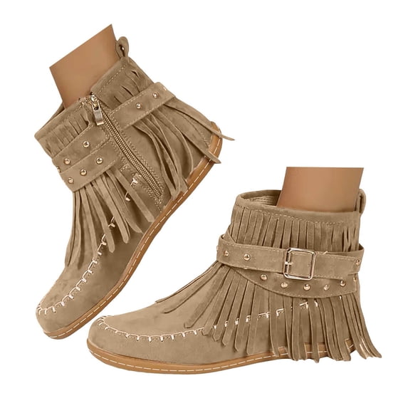 Mostsola Womens Flat Boots Tassel Strap Ankle Boots Wide Width Round Toe Suede Western Booties