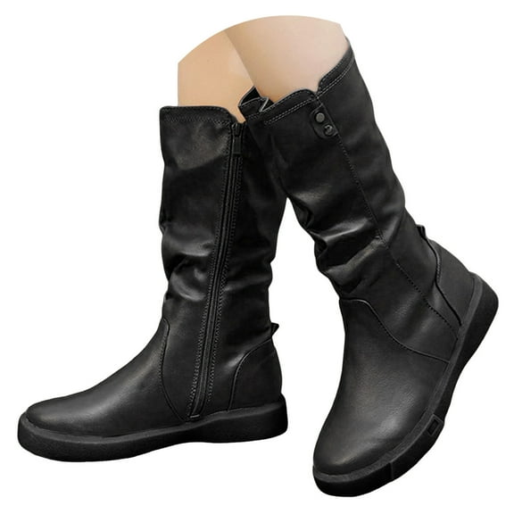 Mostsola Womens Flat Mid Calf Boots Casual Slouchy Zipper Retro Leather Motorcycle Riding Boots