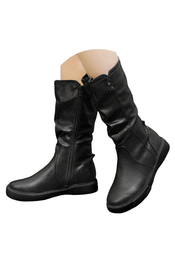 Womens Flat Mid Calf Boots Casual Slouchy Zipper Retro Leather Motorcycle Riding Boots