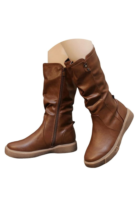 Womens Flat Mid Calf Boots Casual Slouchy Zipper Retro Leather Motorcycle Riding Boots