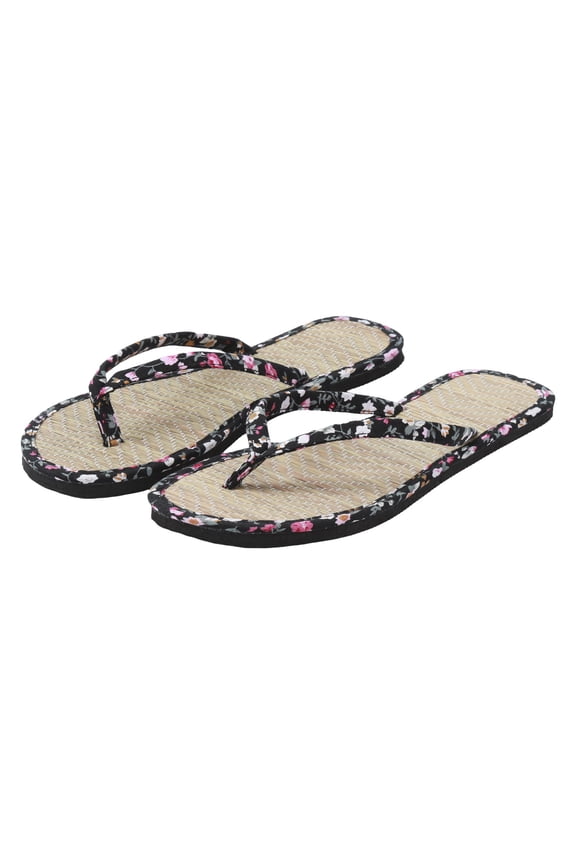 Womens Flip Flops Lightweight Indoor Summer Beach Sandals Print Woven Straw Slippers Flats