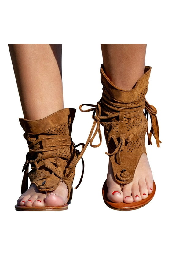 Womens Gladiator Sandals Flat Flip Flops Lace up Ankle Strap Summer Roman Shoes Booties