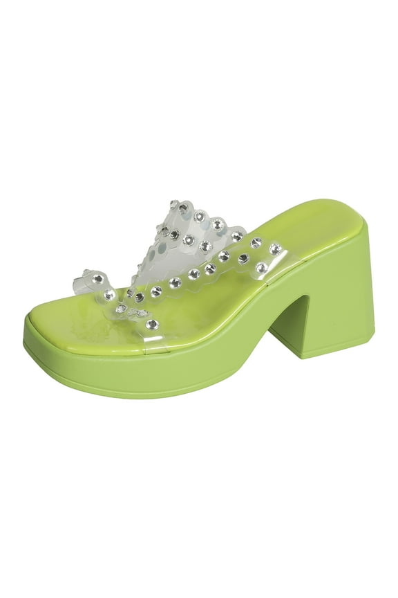 Womens High Platform Heels Fashion Clear Rhinestone T-Strap Square Open Toe Sandals