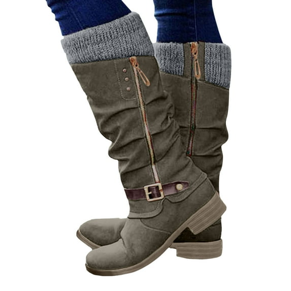 Mostsola Womens Knee High Boots Vintage Round Toe Heeled Mid Calf Motorcycle Boots with Side Zipper