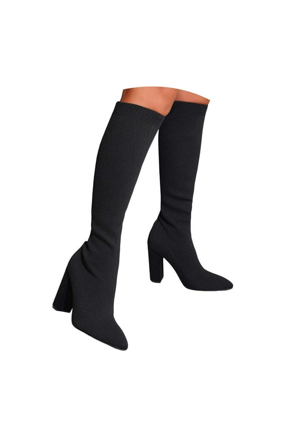 Womens Knit Mid Calf Boots Elastic Pull on Sock Boots Pointed Toe Heeled Pumps