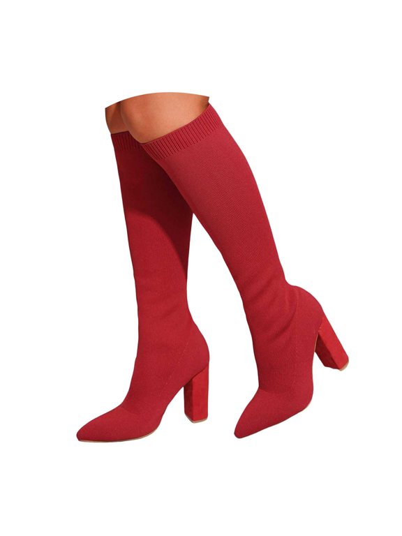 Womens Knit Mid Calf Boots Elastic Pull on Sock Boots Pointed Toe Heeled Pumps