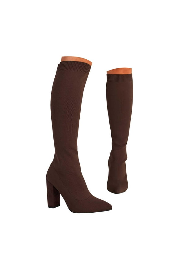 Womens Knit Mid Calf Boots Elastic Pull on Sock Boots Pointed Toe Heeled Pumps