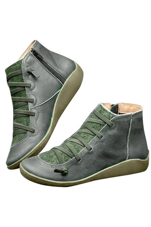 Womens Lace up Ankle Boots Casual Lightweight Soft Leather Flats Shoes Zipper Booties