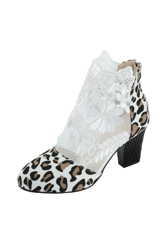 Womens Leopard Closed Toe Low Heel Sandals Summer Breathable Lace Short Boots Dress Pumps