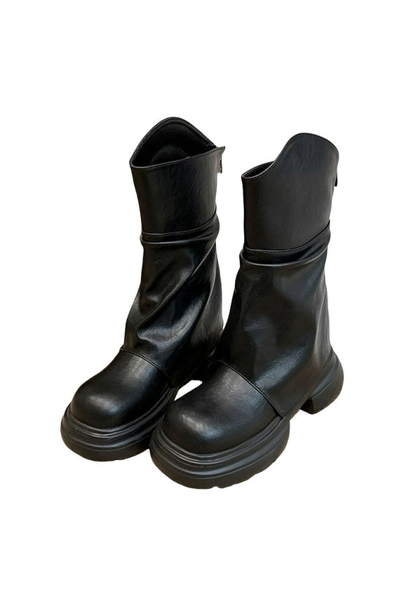Womens Mid Calf Boots Fold Over Slouchy Platform Boots Round Toe Pull on Ankle Booties