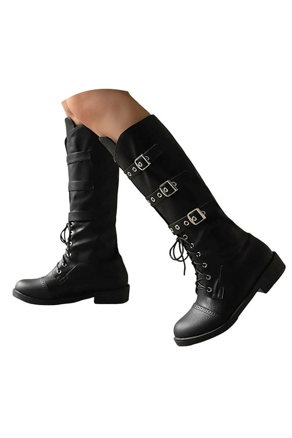 Womens Mid Calf Boots Lace up Booties Fashion Buckle Strap Motorcycle Combat Boots