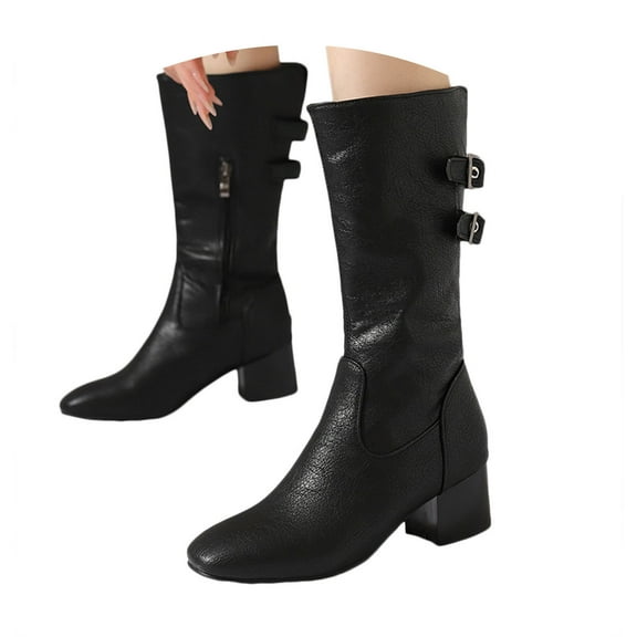 Mostsola Womens Mid Calf Motorcycle Boots Pointed Toe Fashion Buckle Tall Boots Western Booties