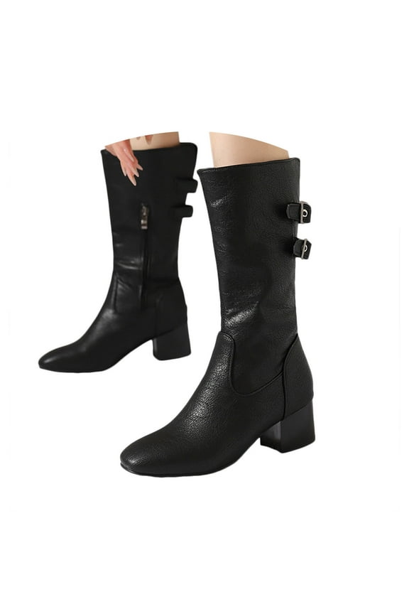 Womens Mid Calf Motorcycle Boots Pointed Toe Fashion Buckle Tall Boots Western Booties