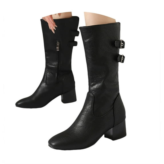 Mostsola Womens Mid Calf Motorcycle Boots Pointed Toe Fashion Buckle Tall Boots Western Booties
