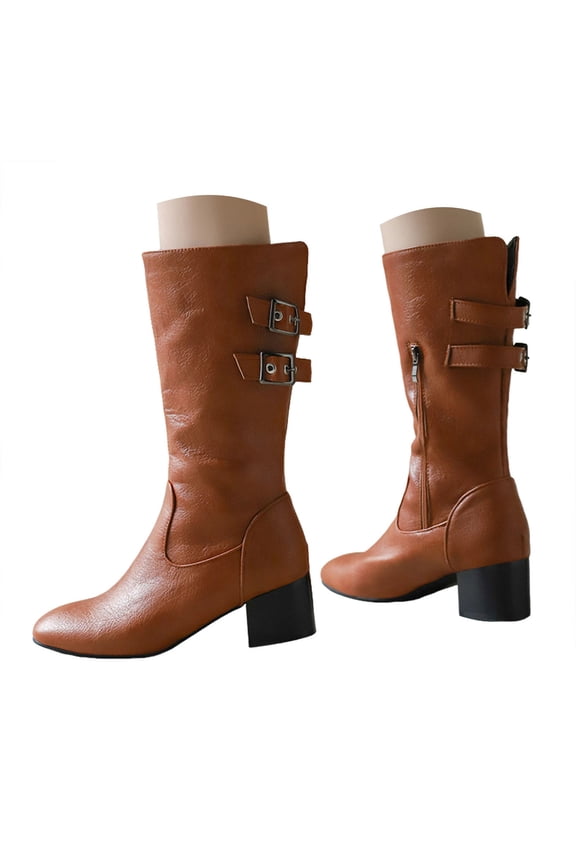Womens Mid Calf Motorcycle Boots Pointed Toe Fashion Buckle Tall Boots Western Booties