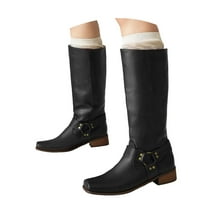 Mostsola Womens Motorcycle Boots Buckle Strap Riding Boots Square Toe Pull on Mid Calf Boots
