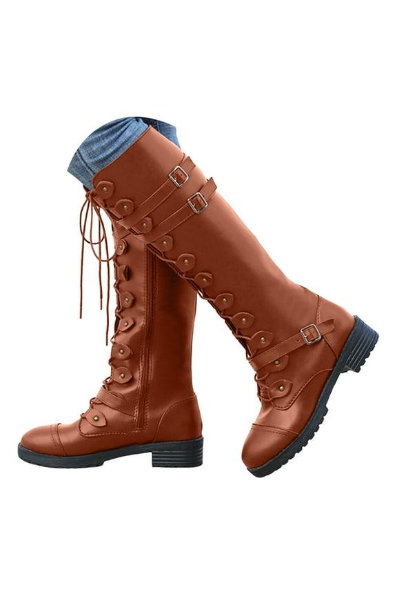 Womens Motorcycle Boots Lace up Knee High Boots with Side Zipper Fashion Buckle Riding Boot
