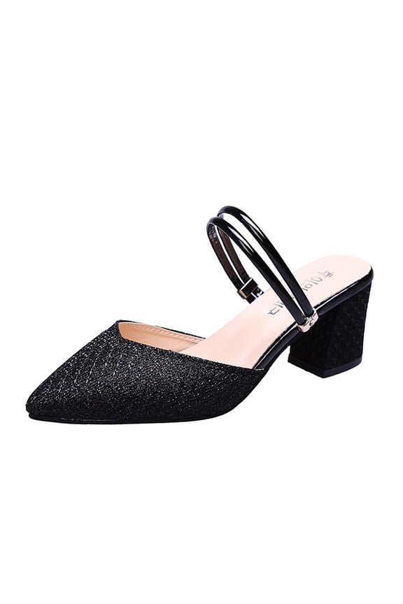 Womens Mule Sandals Heeled Rhinestone Strappy Closed Pointed Toe Backless Dressy Shoes