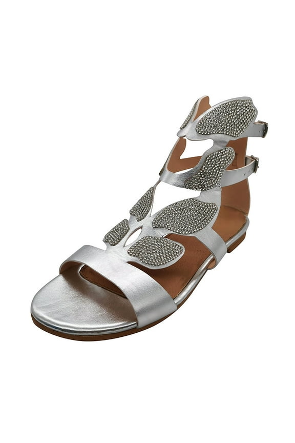 Womens Open Toe Caged Gladiator Ankle Sandals Rhinestone Hollow Out Flats Glitter Beach Shoes