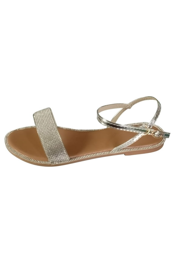 Womens Open Toe Flats Sparkly Rhinestone Band Sandals Casual Summer Buckle Strap Shoes