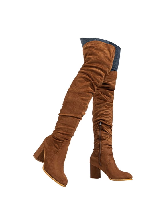 Womens Over the knee Thigh High Boots Suede Chunky Block Heel Pull on Side Zipper Boots