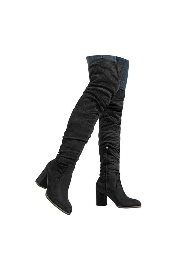 Womens Over the knee Thigh High Boots Suede Chunky Block Heel Pull on Side Zipper Boots